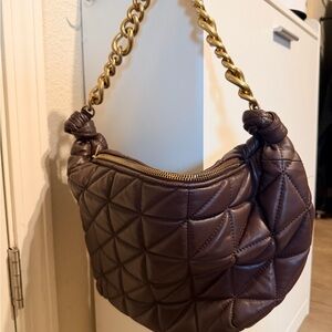 Quilted Brown Shoulder Bag with Gold Chain